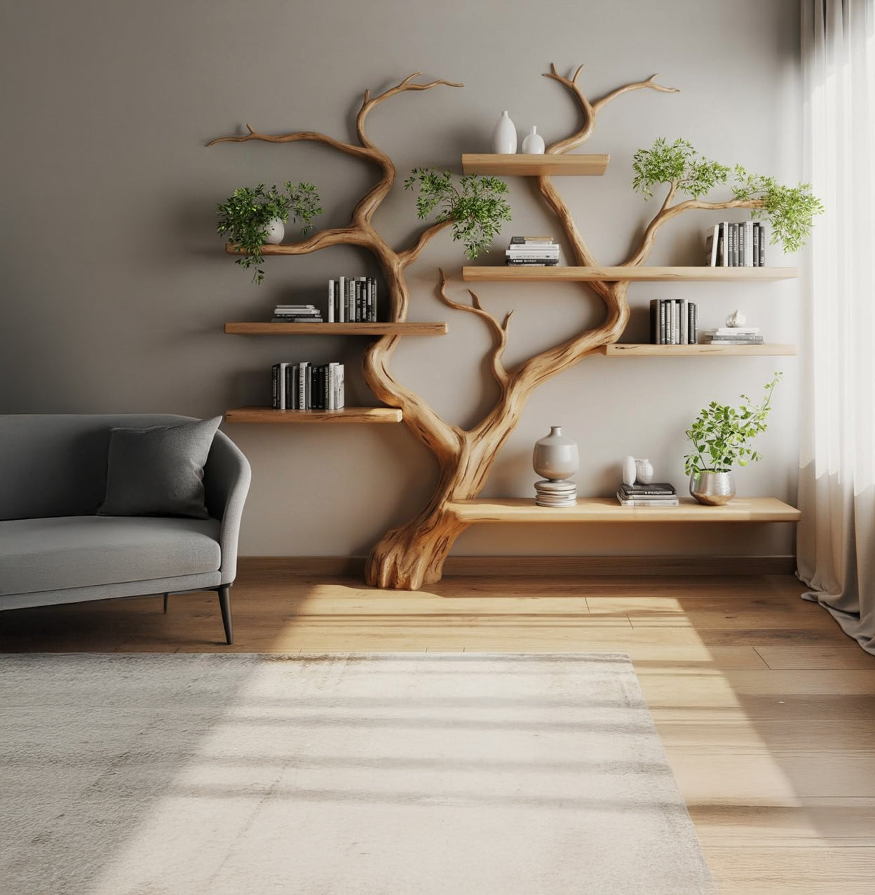 Live Edge Tree Branch Bookshelf – Handmade Wooden Wall Shelf for Modern Interiors