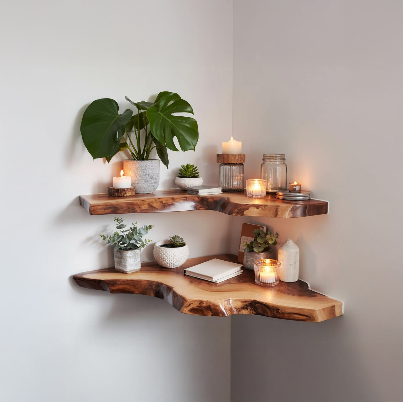 Massief Houten Zwevende Hoekplank – Rustieke Live Edge Wanddecoratie