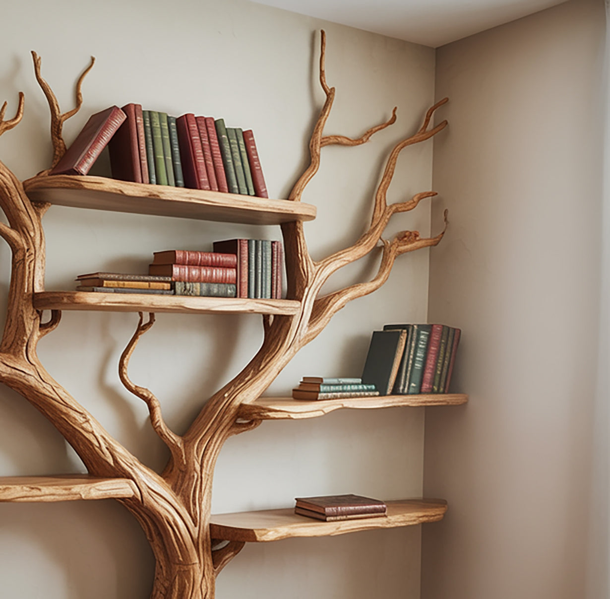 Driftwood Boom Boekenkast – Rustieke Zwevende Wandplank Hout