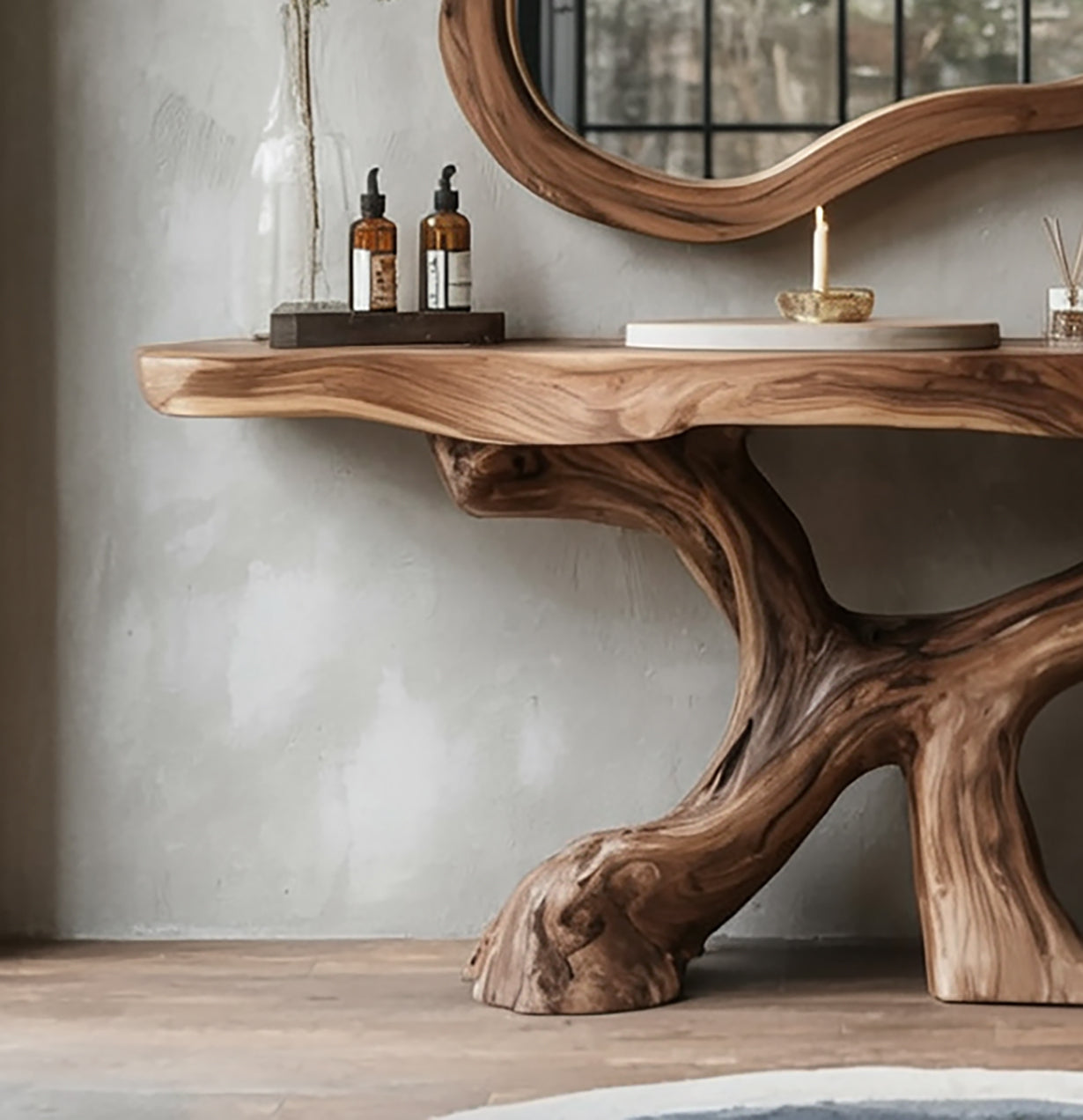 Live-Edge Teak Bathroom Vanity with Organic Root Base & Mirror Set