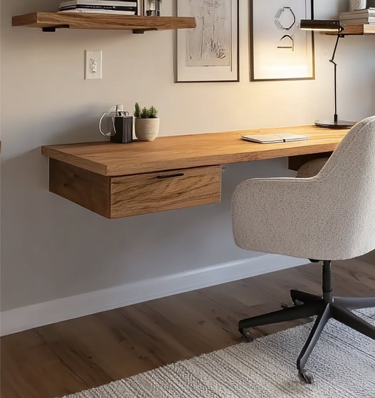 Floating Wooden Desk with Wall Shelves – Minimalist Solid Wood Workstation