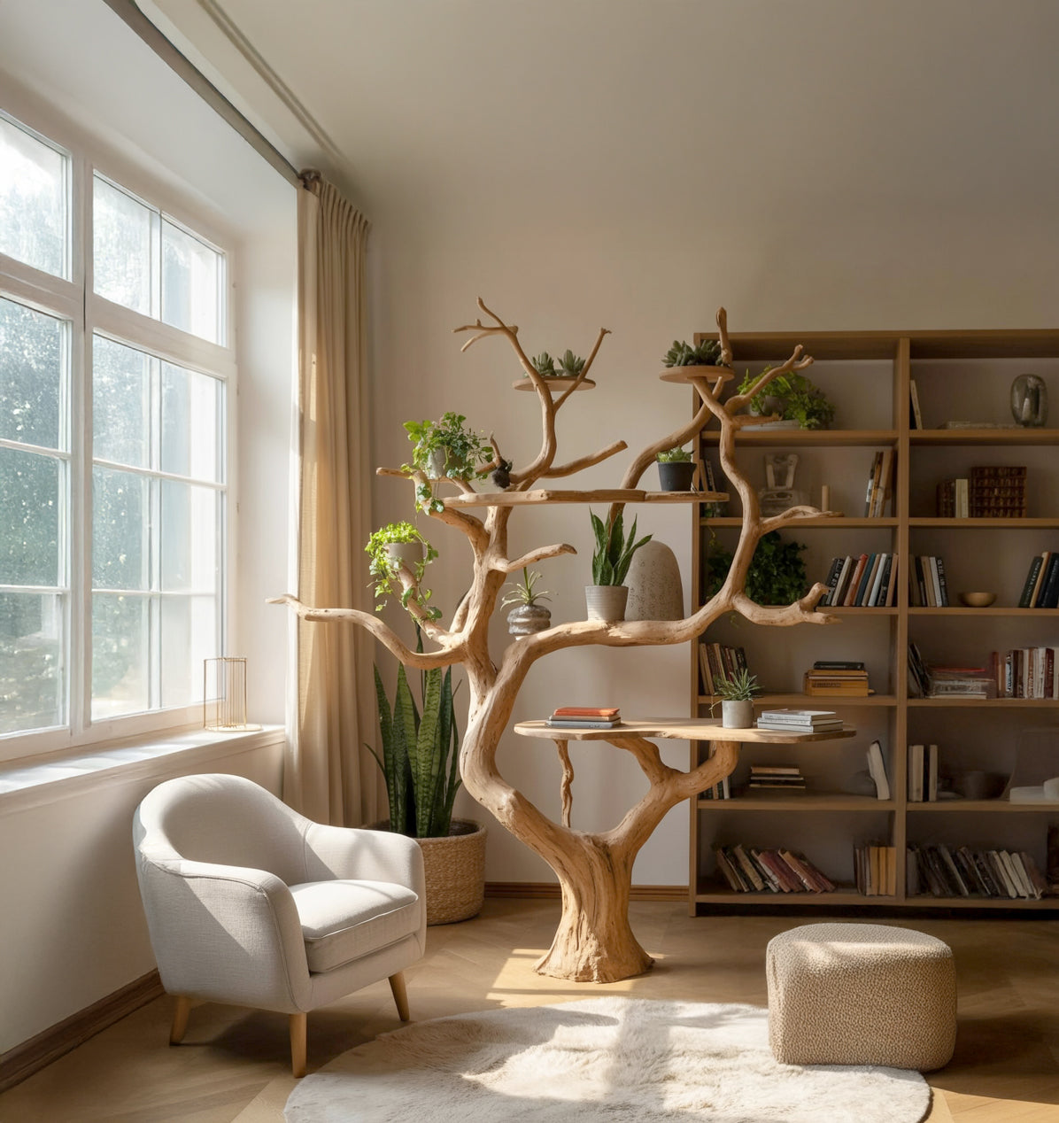 Handcrafted Tree Desk Bookshelf – Natural Wood Branch Furniture for Home Decor