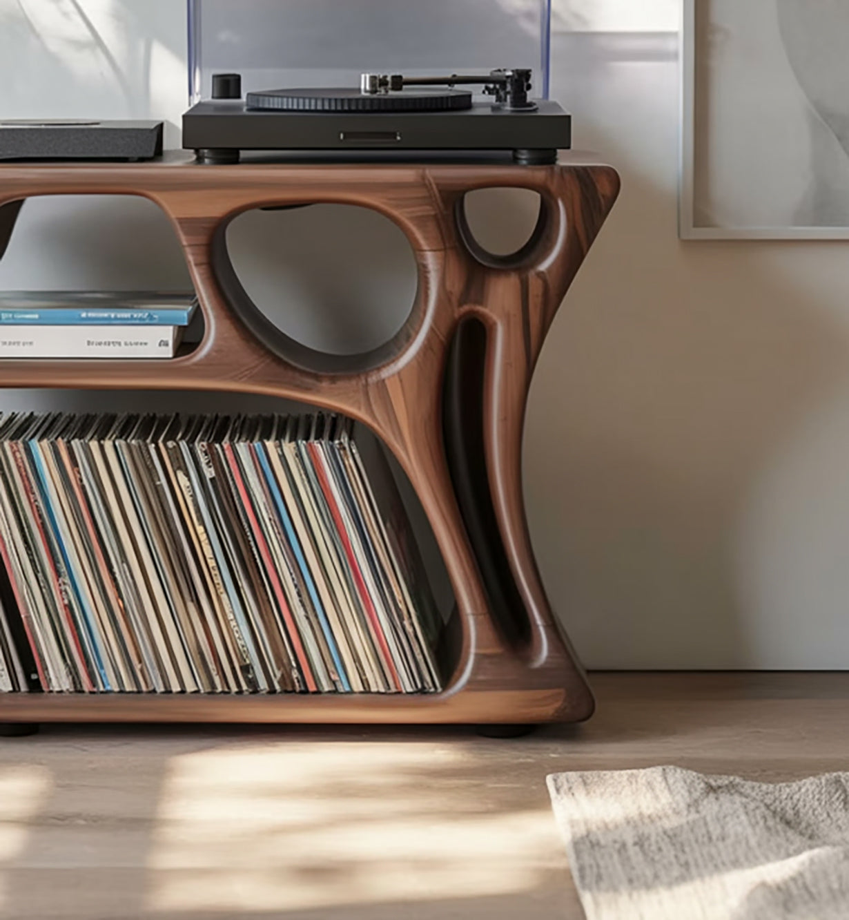 Sculptural Solid Wood Vinyl Record Cabinet – Organic Turntable Stand with LP Storage