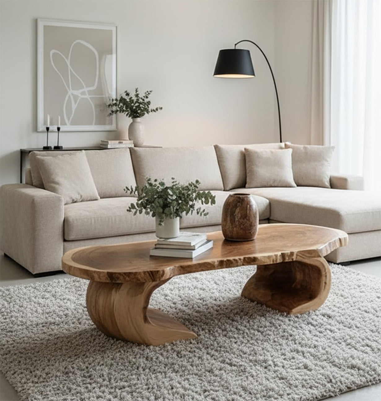 Rustic Handmade Wooden Coffee Table – Live Edge Solid Wood Farmhouse Trestle Table
