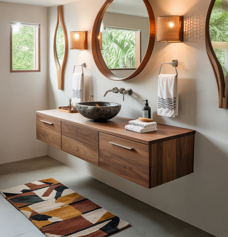 Modern Floating Walnut Bathroom Vanity with Stone Vessel Sink