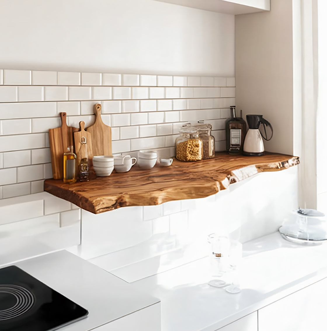 Live Edge Walnut Floating Kitchen Shelf – Solid Wood Wall-Mounted Storage