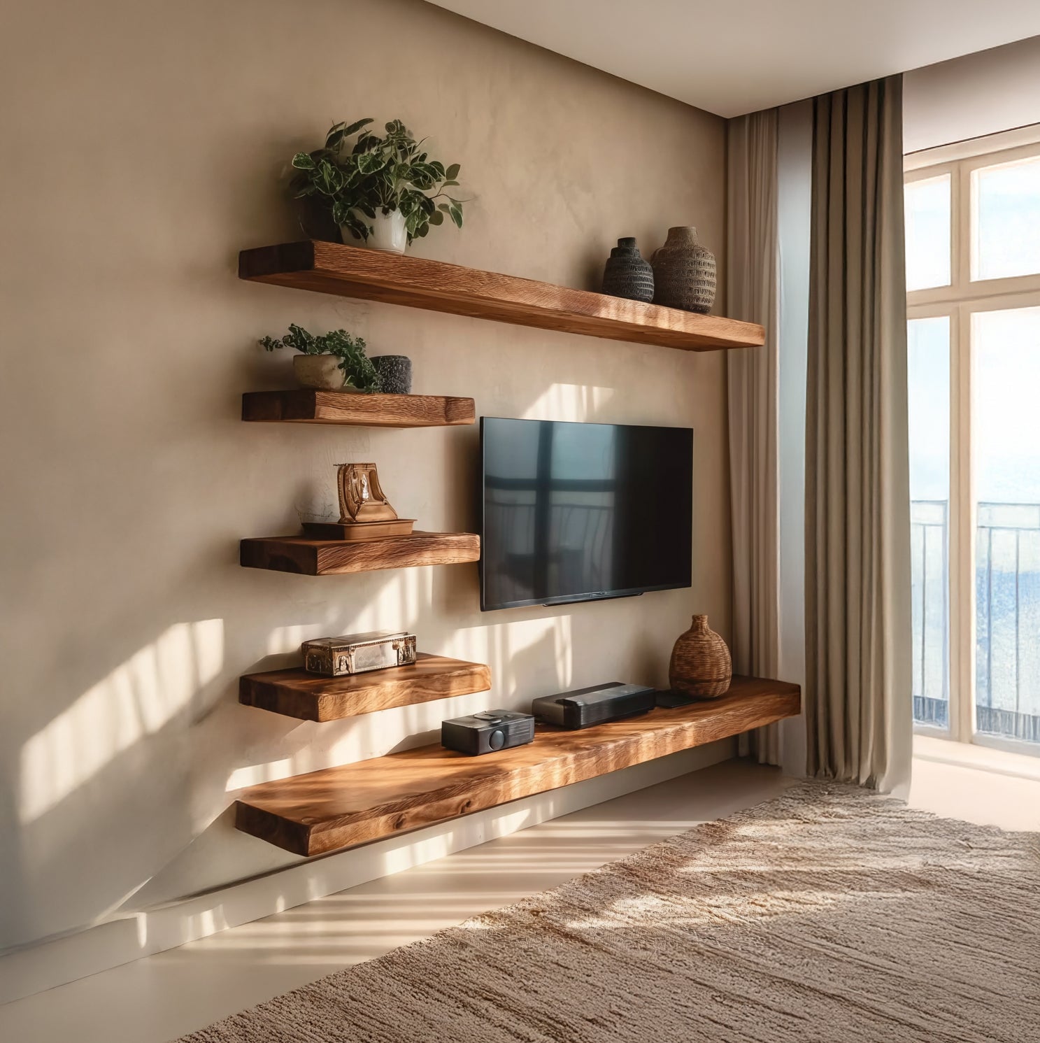 2-Delige Massief Houten TV-Meubel & Rustieke Zwevende Wandplank