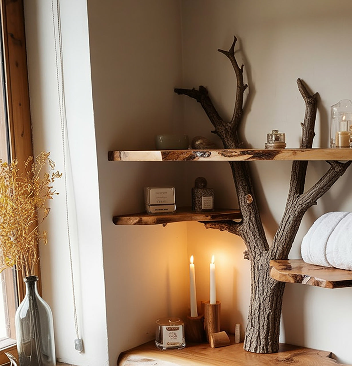 Live Edge Tree Branch Corner Shelf – Handcrafted Solid Wood Floating Shelf