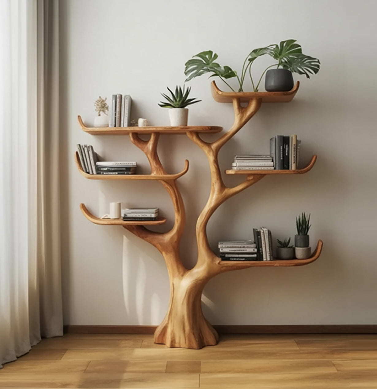 Handgemaakte Boom Boekenkast – Unieke Houten Wandplank Decor