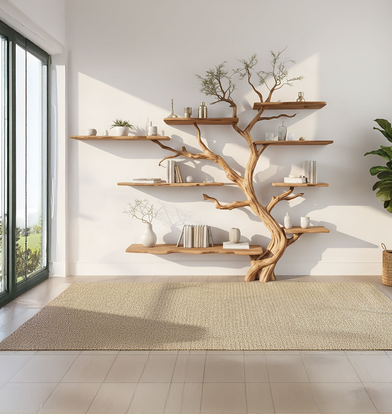 Tree Bookshelf – Handmade Wooden Branch Bookcase with Floating Shelves