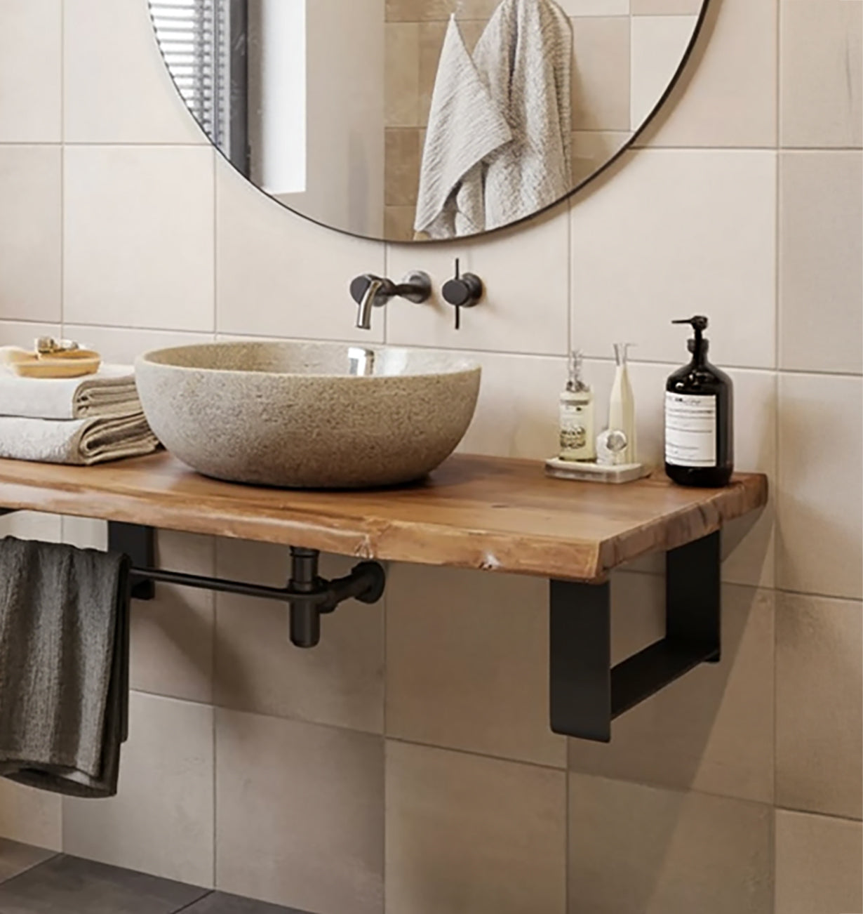 Rustic Live Edge Wood Bathroom Vanity – Floating Solid Wood Sink Countertop