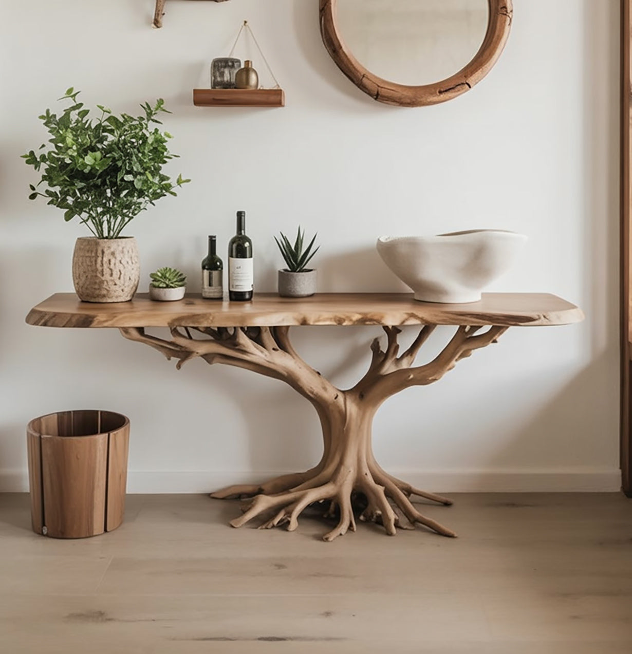 Massief houten consoletafel met boomvoet – uniek handgemaakt meubel