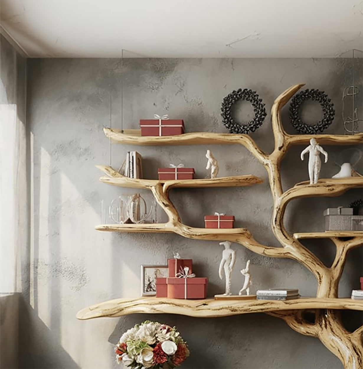 Handcrafted Tree Bookshelf – Rustic Live Edge Wooden Wall Bookcase