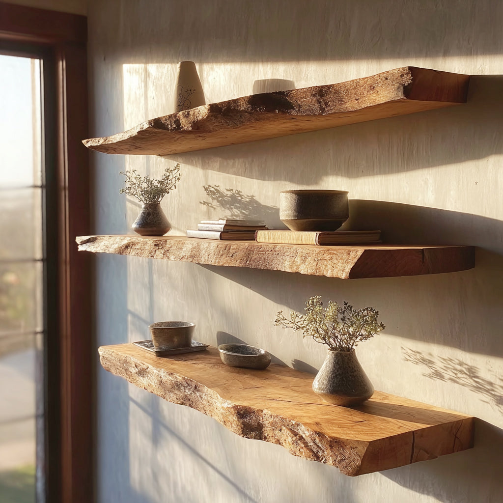Rustic Floating Wall Shelf with Live Edge – Solid Wood Decor