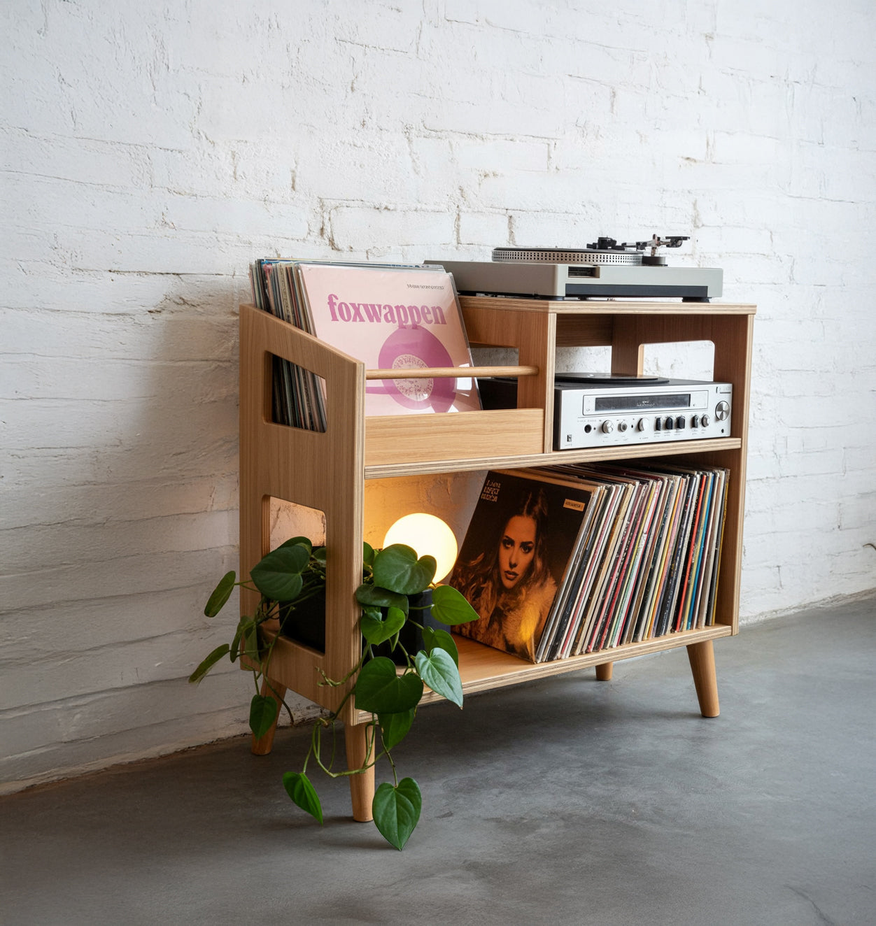 Mid-Century Modern Record Player Stand with Vinyl Storage – Solid Wood Turntable Table