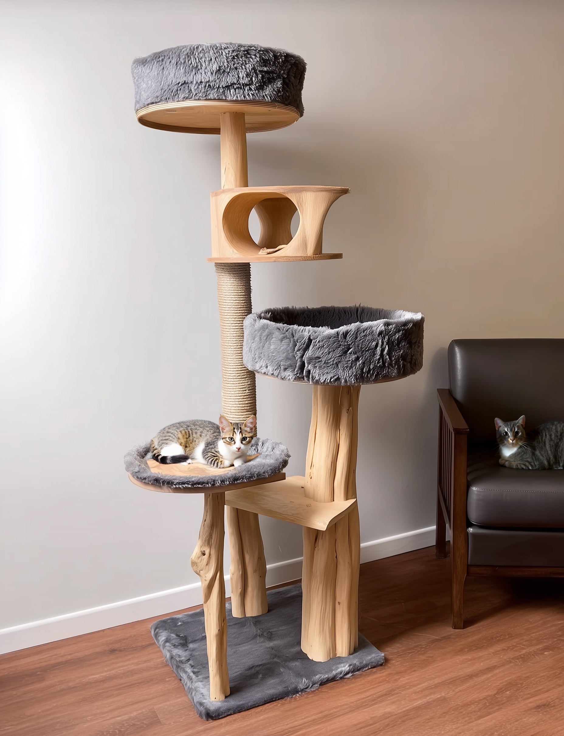 Rustic Wooden Cat Tree – Handmade Wall-Mount Climbing Tower Shelf, Unique Natural Cat Furniture