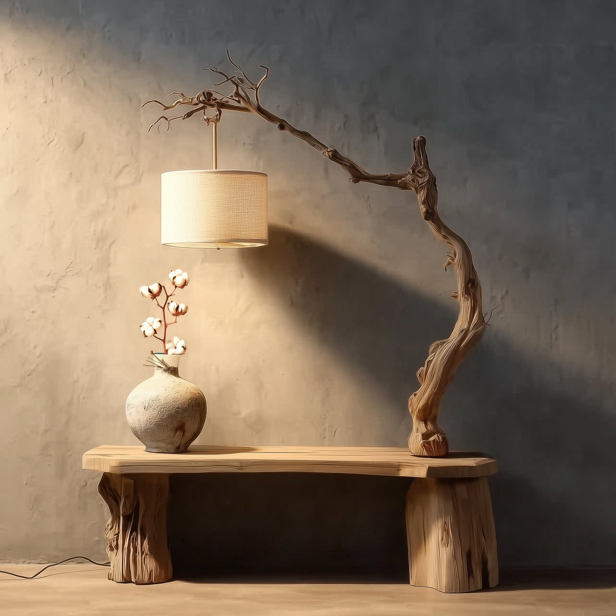 Rustic Driftwood Lamp – Handmade Tree Branch Floor Lighting with Fabric Shade, Unique Natural Wood Home