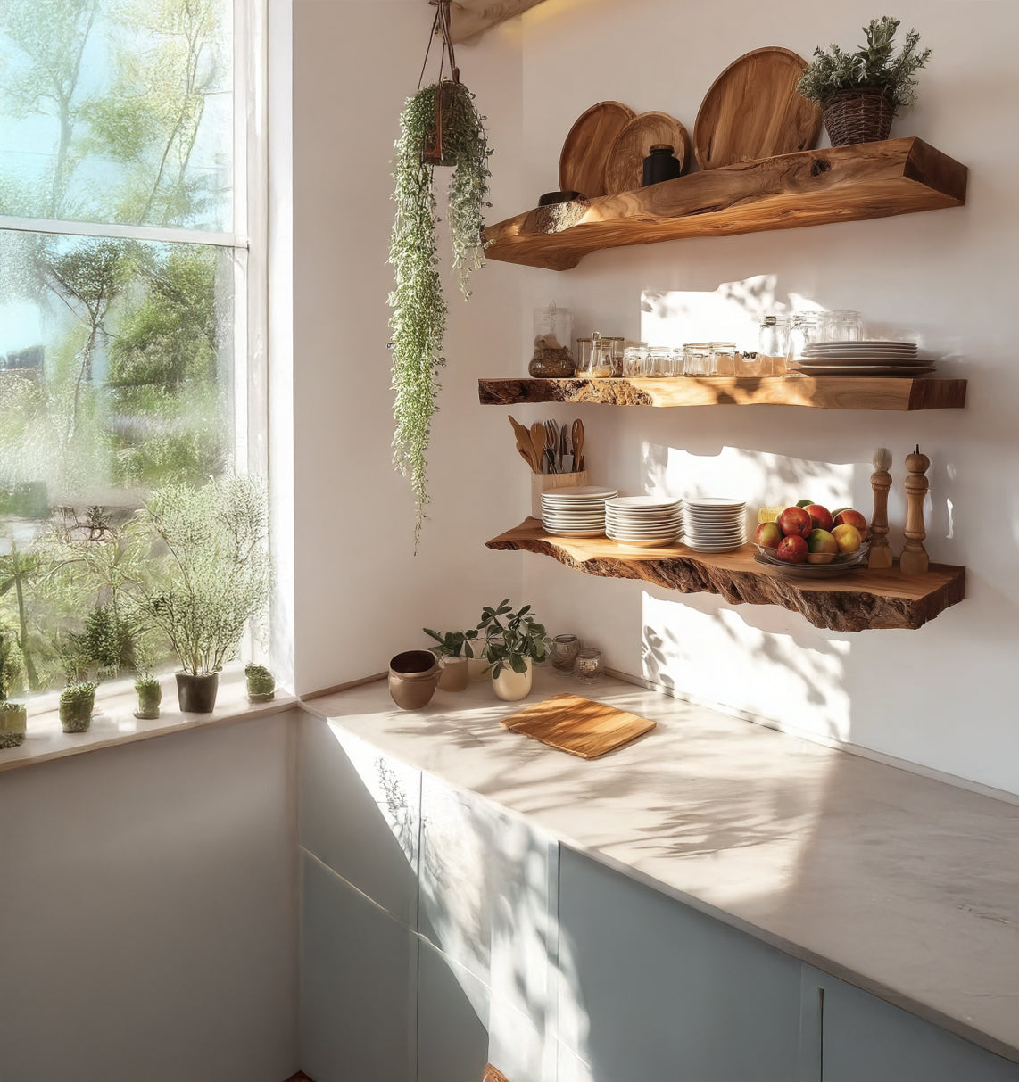 Handcrafted Live Edge Floating Shelf – Carved Wavy Wood Wall Art