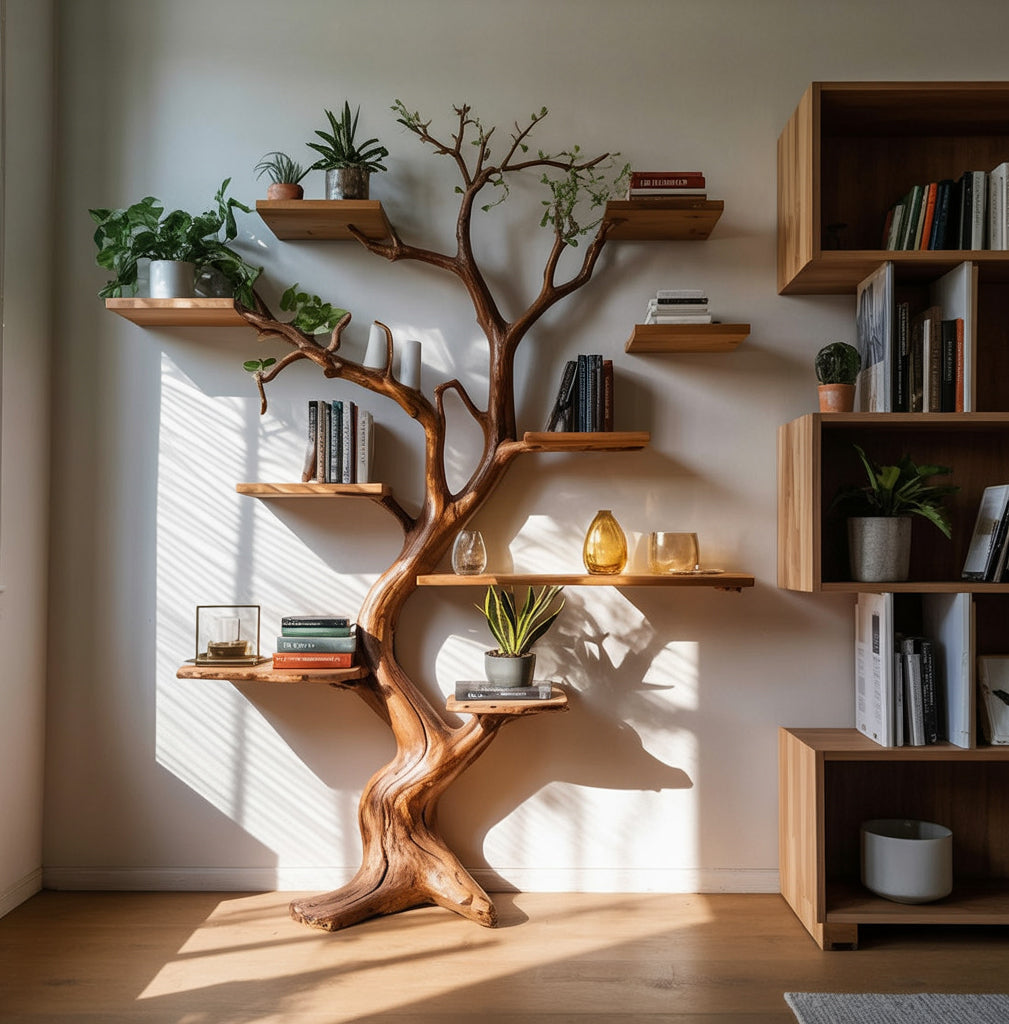Decoratieve Boomstam Boekenkast – Grote Wandgemonteerde Houten Sculptuur