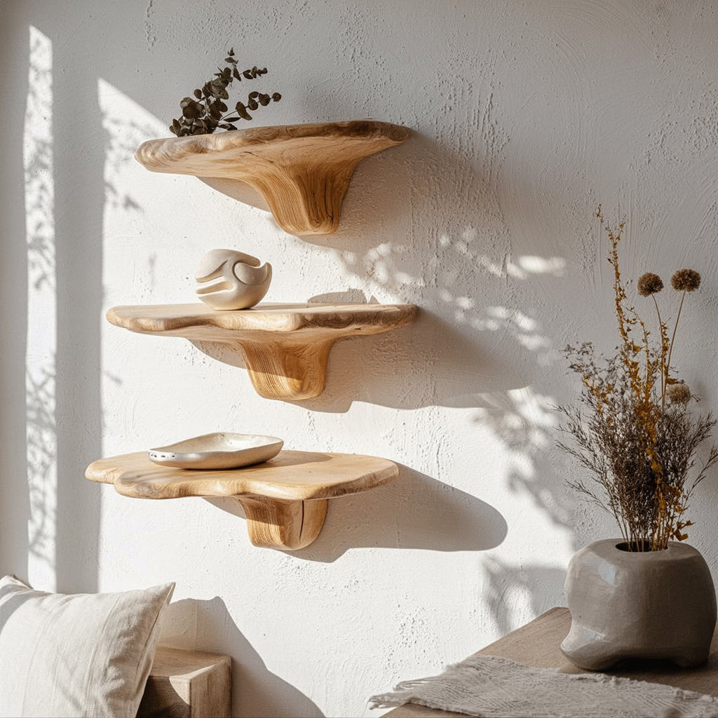 Mushroom Floating Shelves van Massief Hout – Wanddecoratie