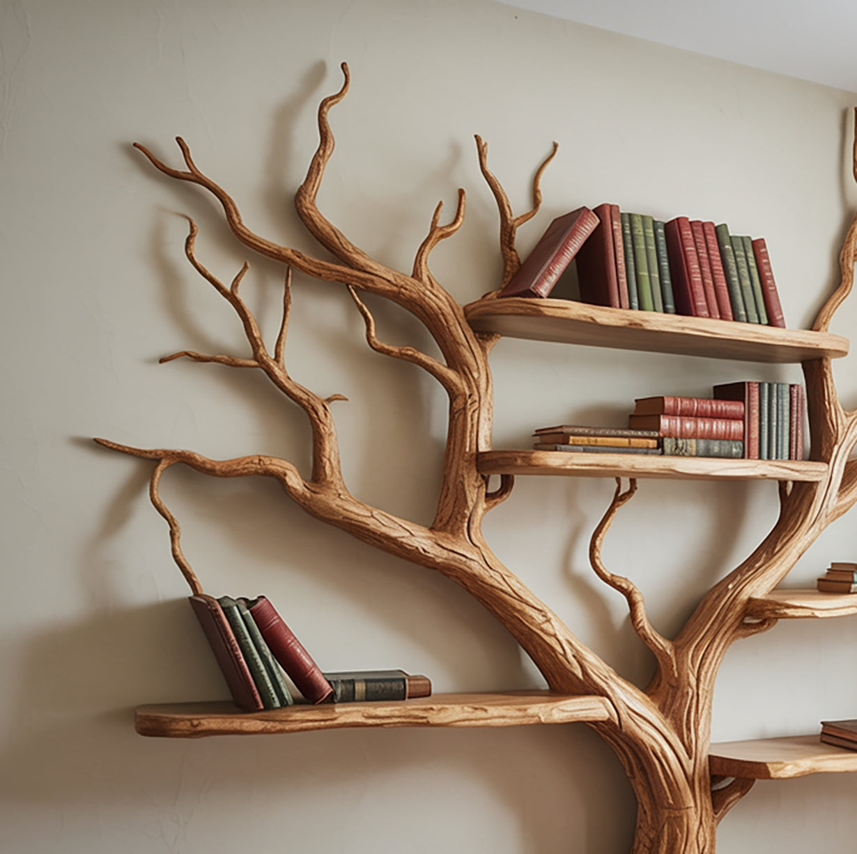 Driftwood Boom Boekenkast – Rustieke Zwevende Wandplank Hout