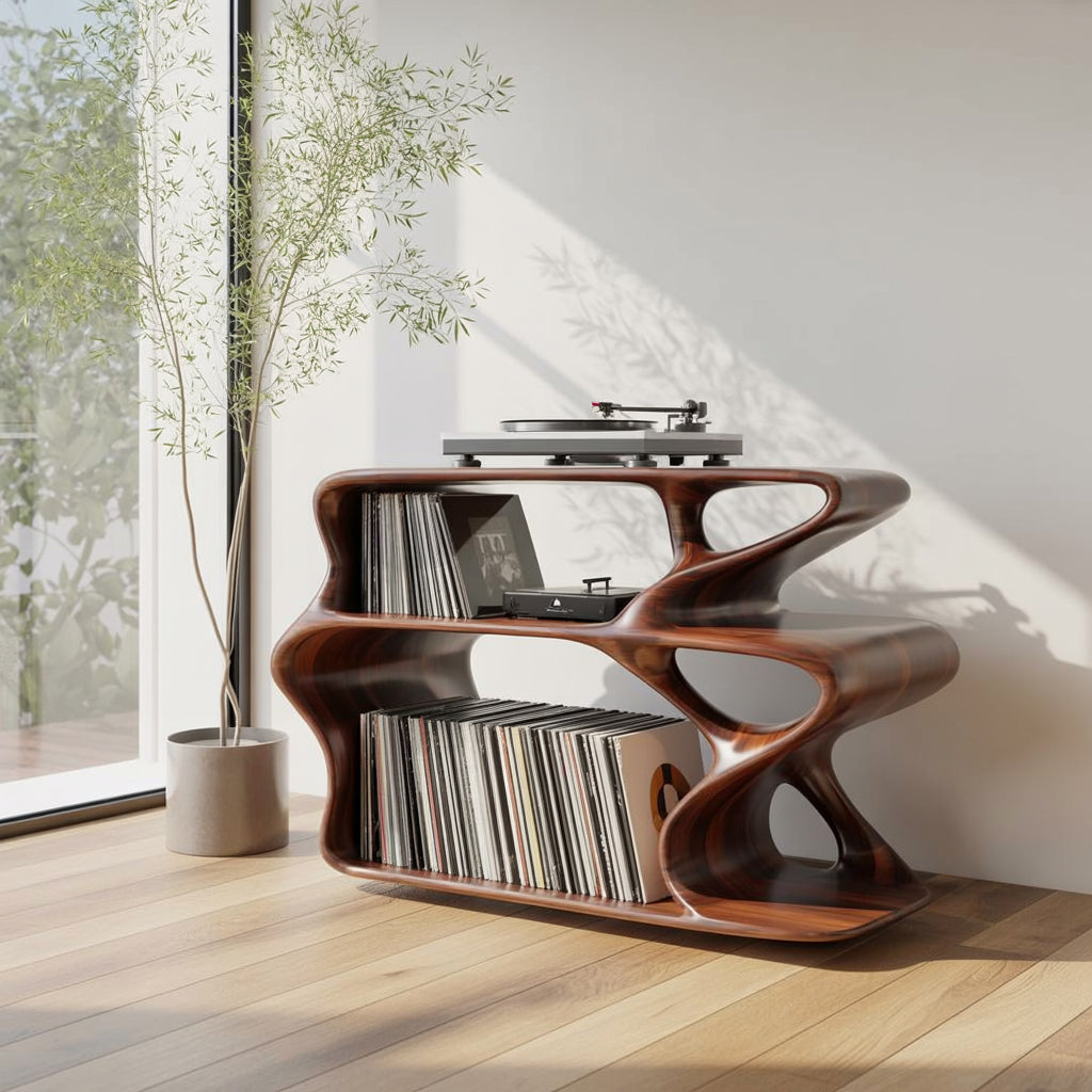 Sculptural Wooden Record Player Stand with Vinyl Storage – Organic Modern Turntable Console
