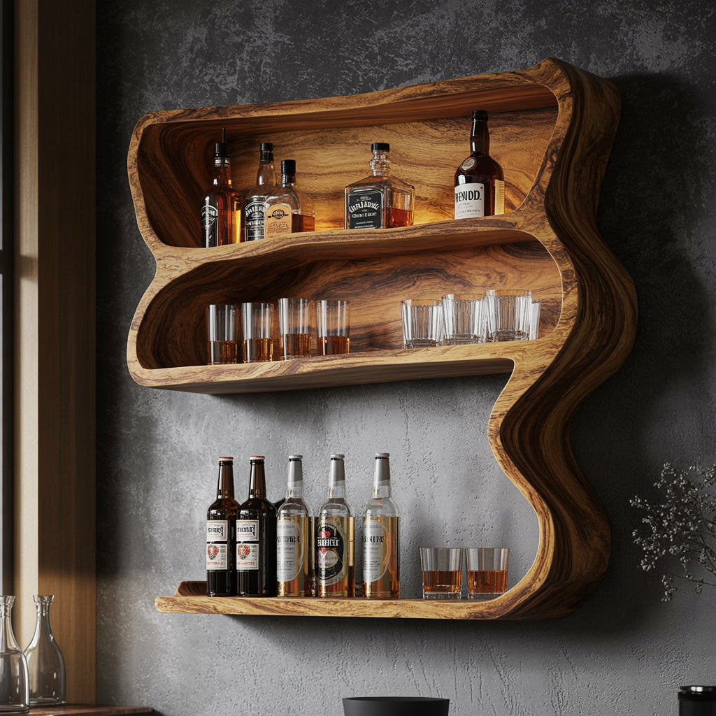 Handcrafted Bar Wall Shelf – Floating Live Edge Home Bar, Rustic Farmhouse Kitchen Decor