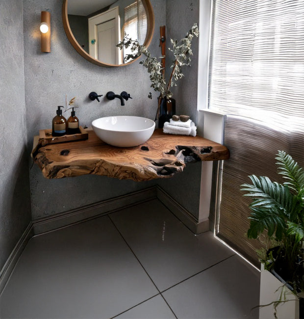 Handcrafted Rustic Floating Bathroom Vanity – Custom Live Edge Shelf with Natural Sink Unit, Solid Wood Bathroom Decor