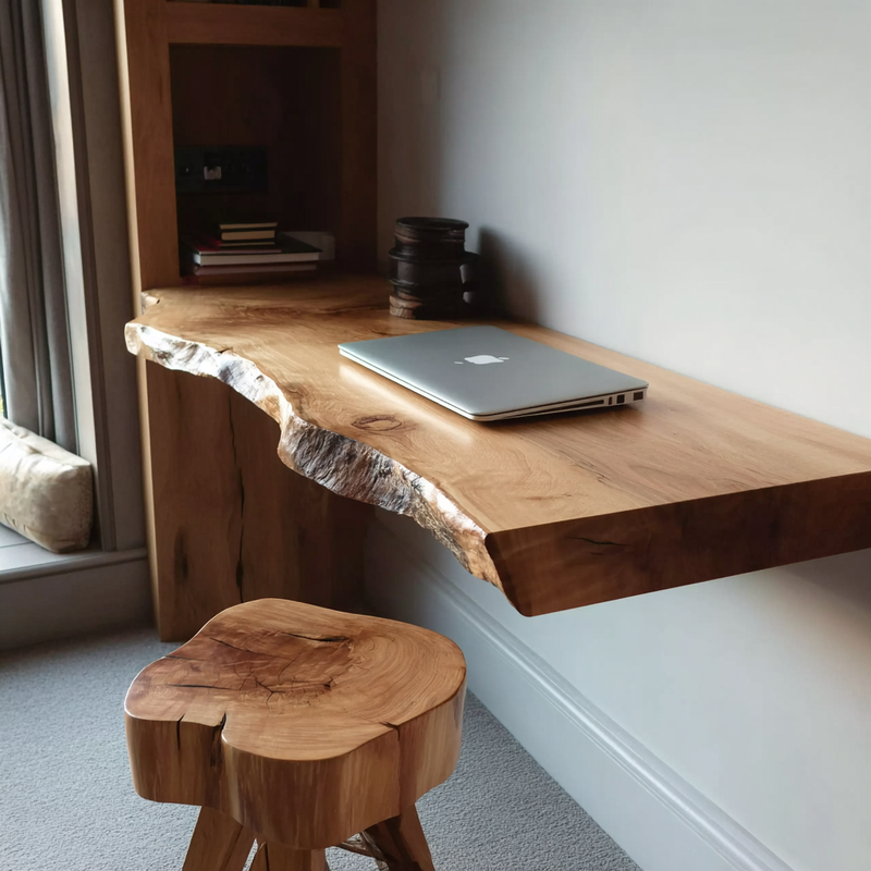 Handcrafted Floating Live Edge Wooden Desk – Solid Wood Wall-Mounted Home Office Desk