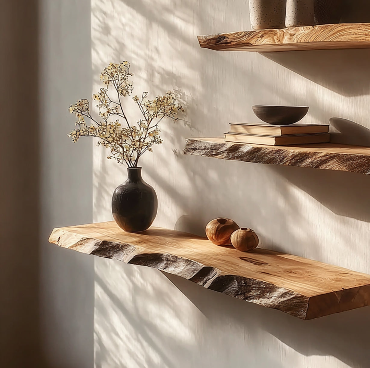 Live Edge Zwevende Wandplank van Massief Hout – Rustiek Decor