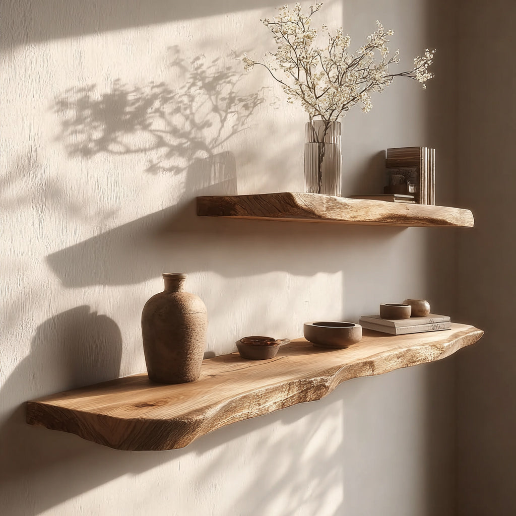 Live Edge Zwevende Wandplank van Massief Hout – Rustiek Decor