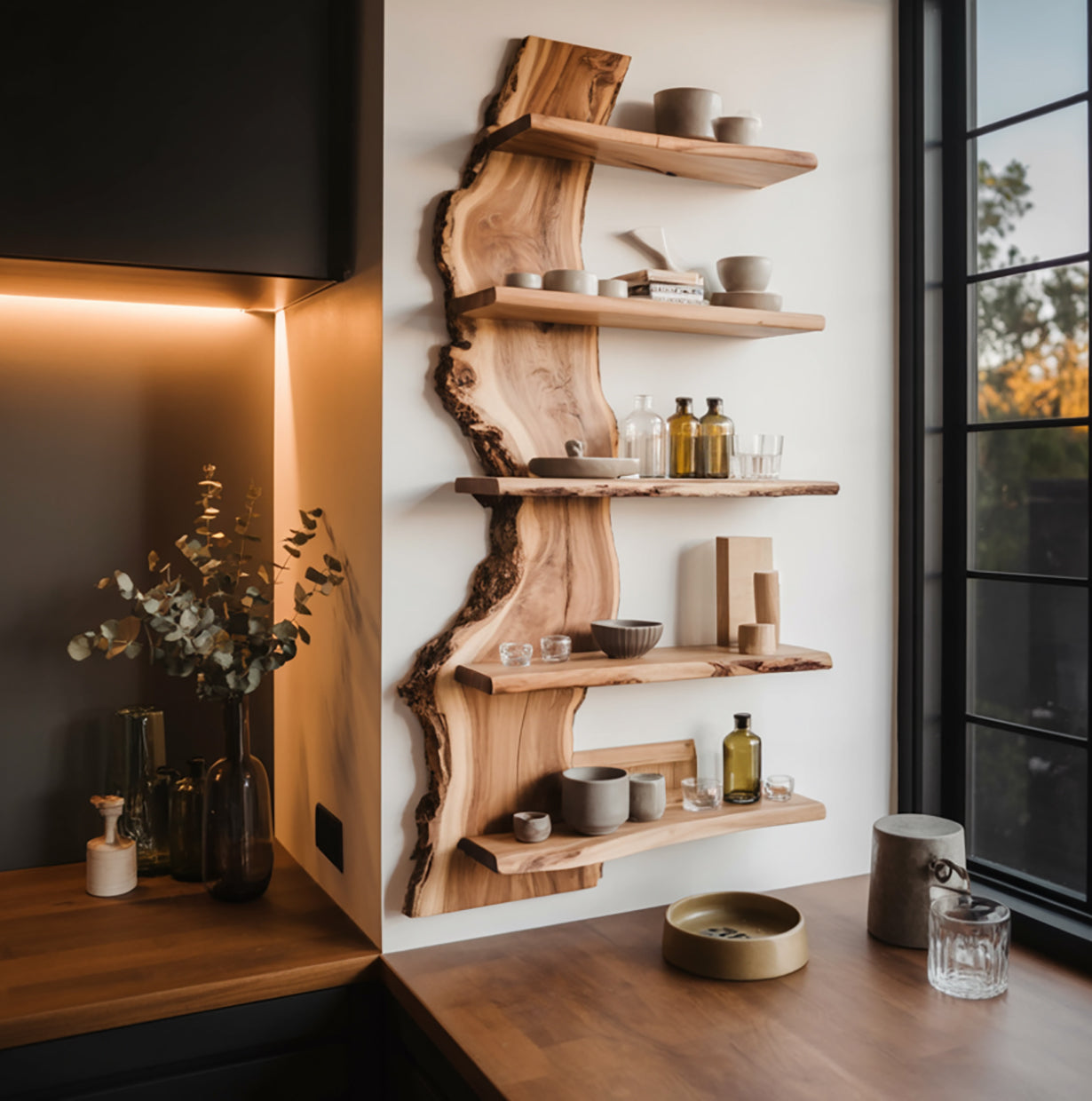 Moderne Live Edge Zwevende Keukenplank – Massief Houten Wandplank