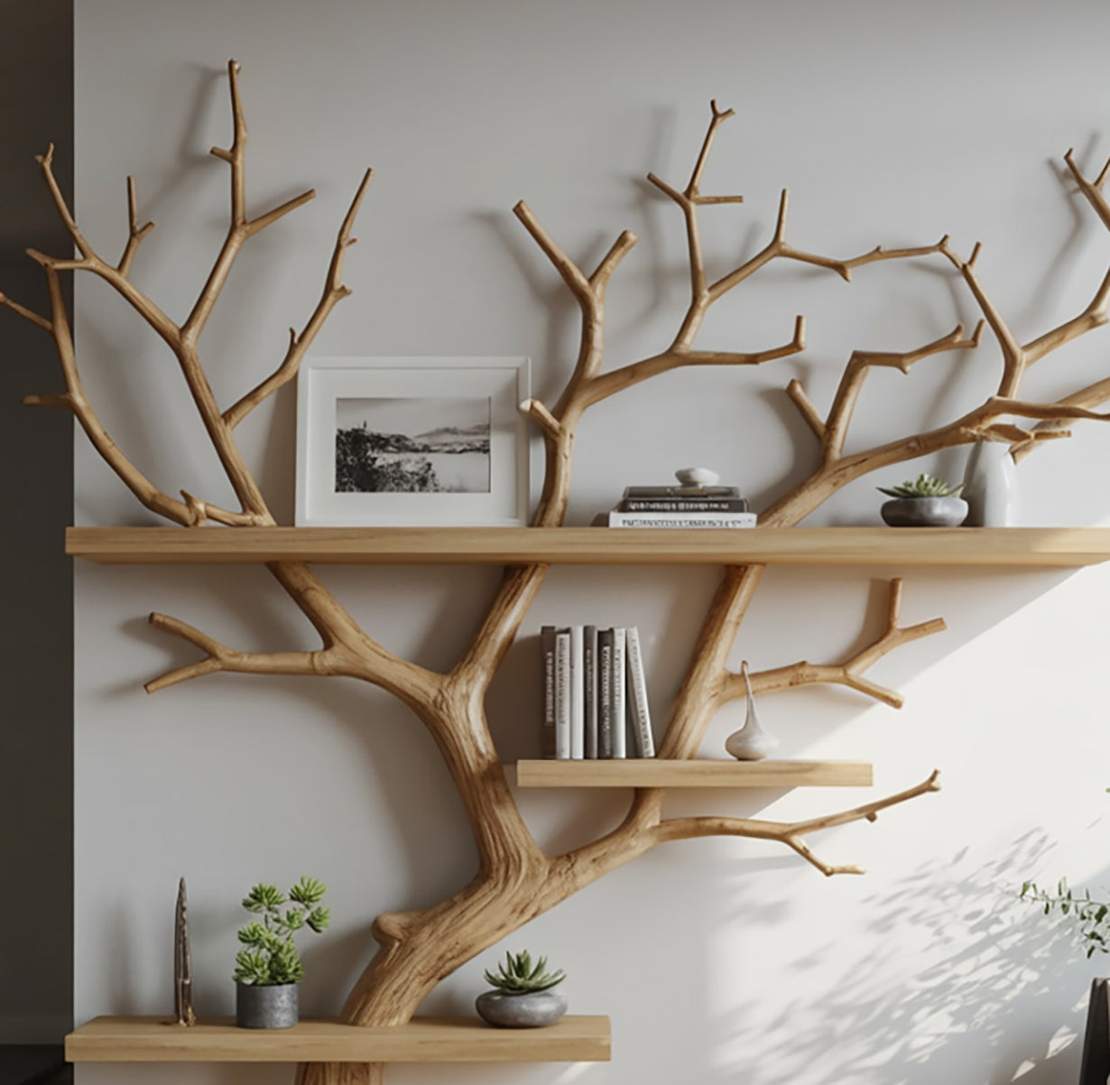 Driftwood Boom Boekenkast – Zwevende Takken Wandplank