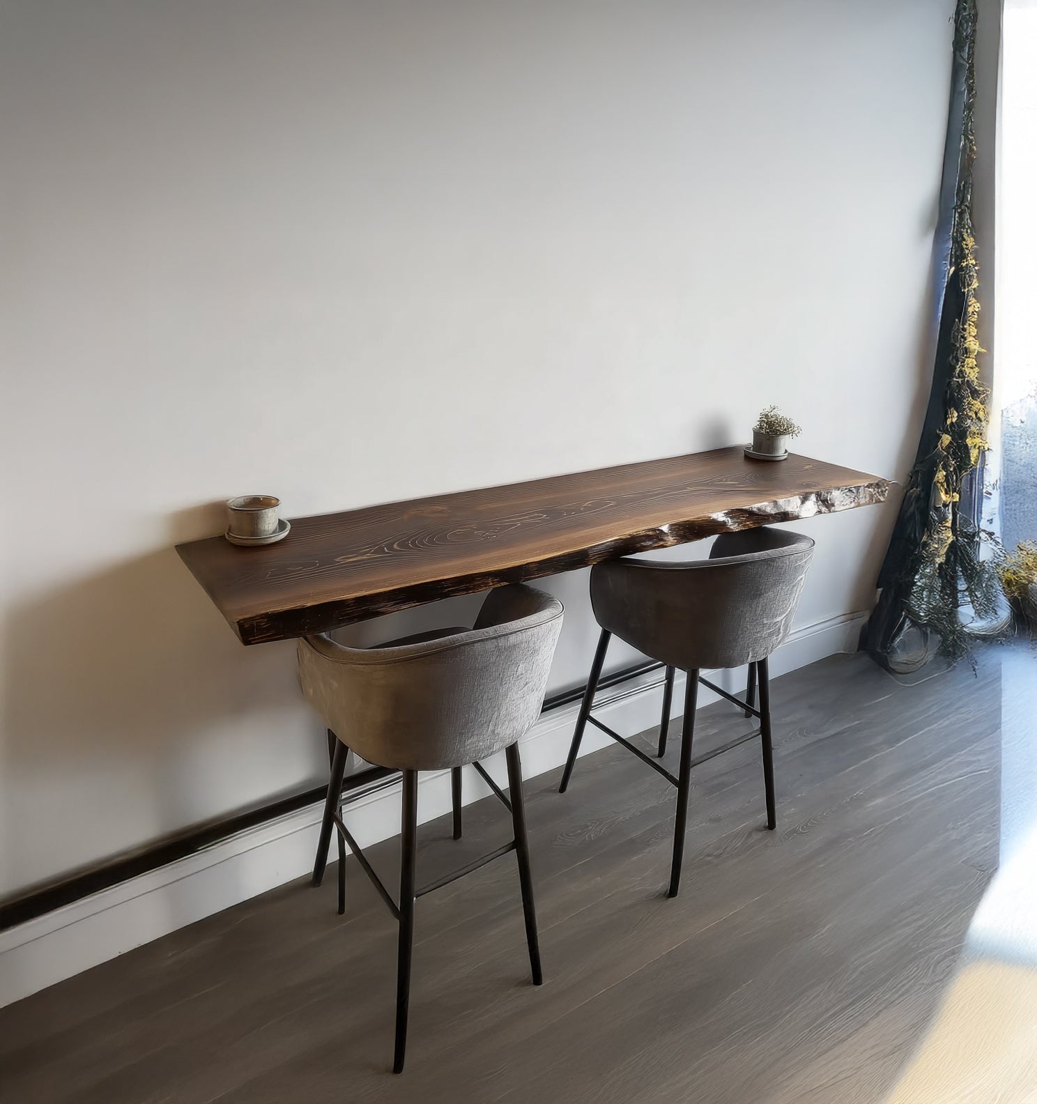Live Edge Wall Mounted Bar Table – Rustic Floating Counter for Modern Homes