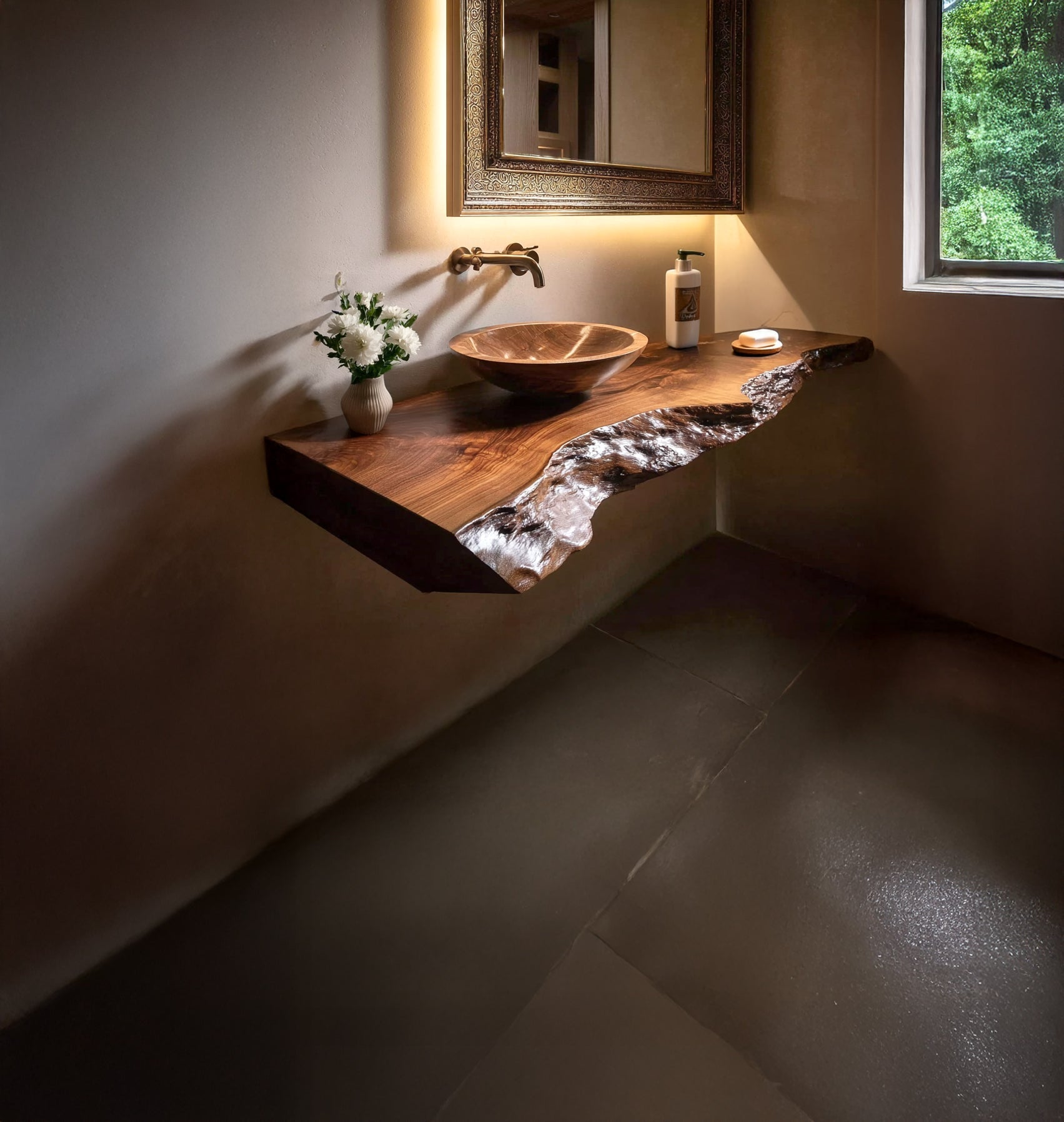 Rustic Live Edge Bathroom Vanity Shelf – Handmade Floating Wood Shelf