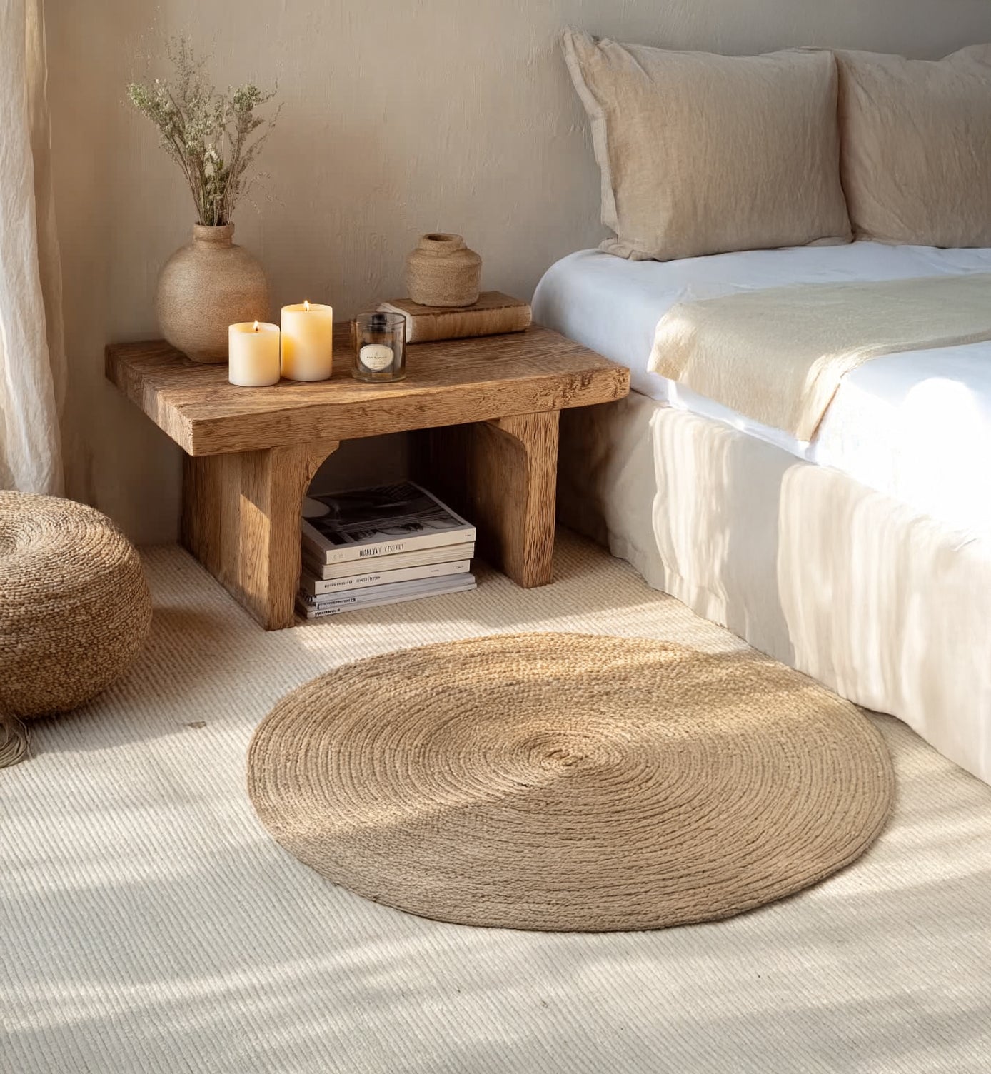 Modern Nightstand Rattan Side End Table with Storage – Solid Wood Legs, Accent Bedside Furniture