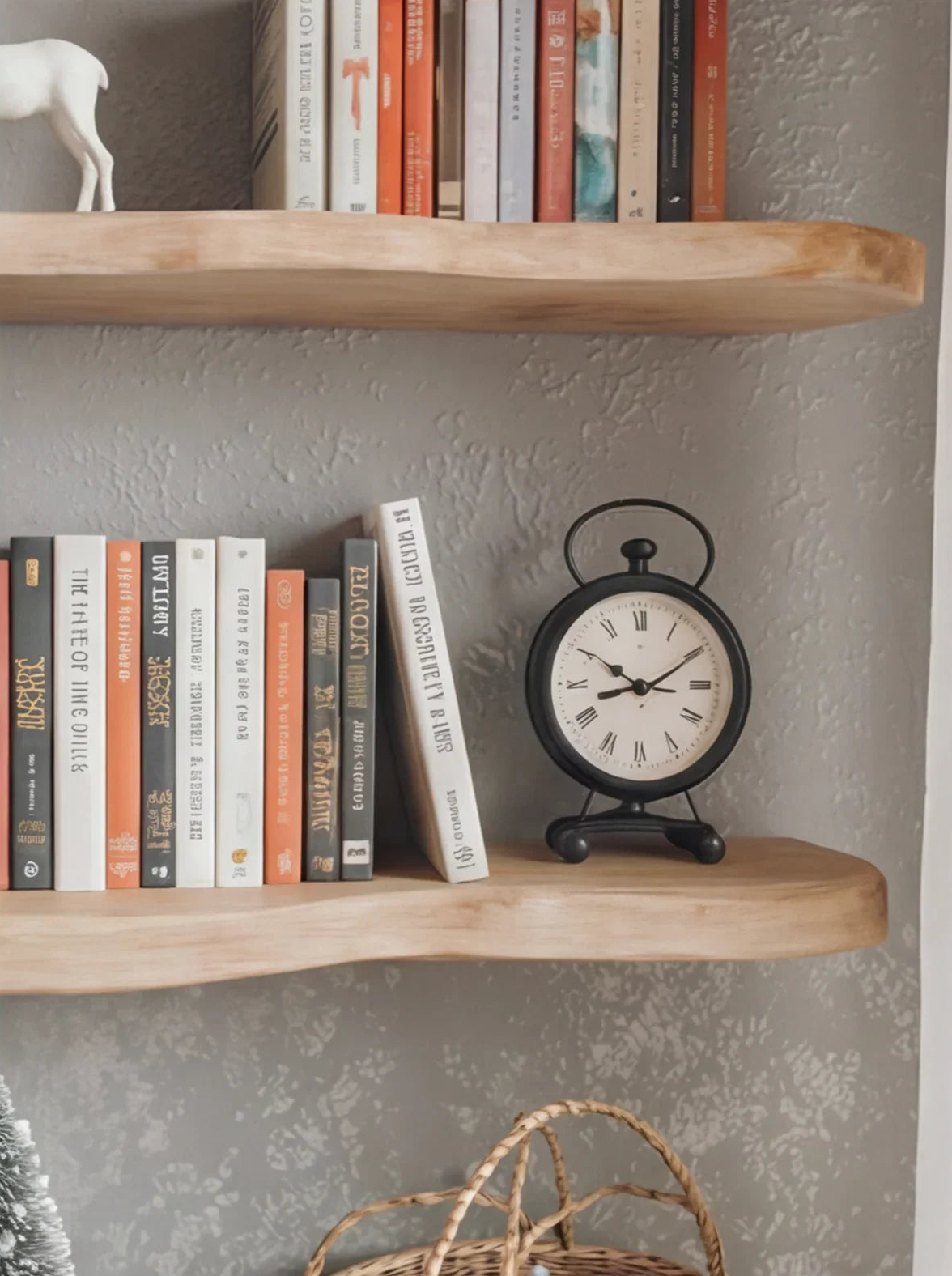 Zwevende houten wandplanken met boeken en vintage klok aan de muur