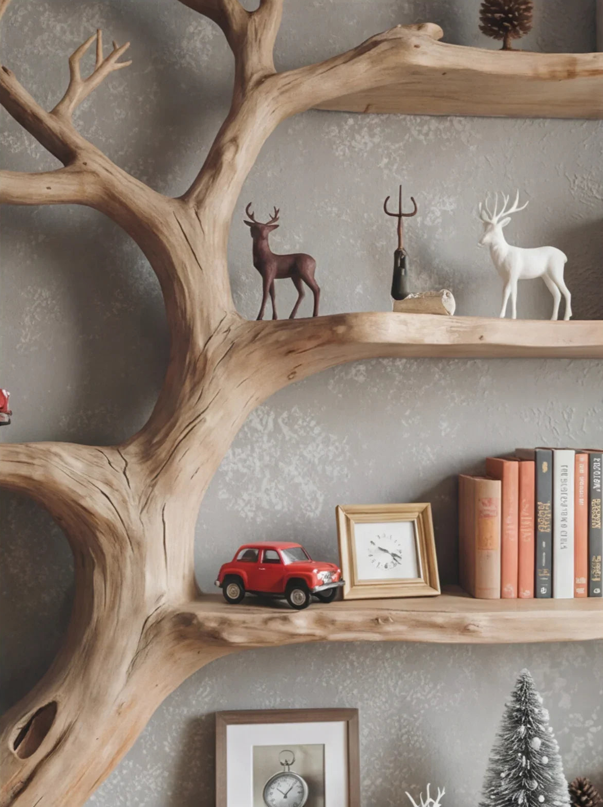 Boomvormige houten boekenplank met klok en decoratie op grijze wand