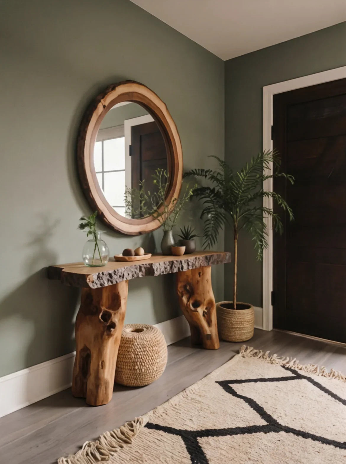 Massief houten haltafel met ronde spiegel en geweven woonaccessoires in moderne gang