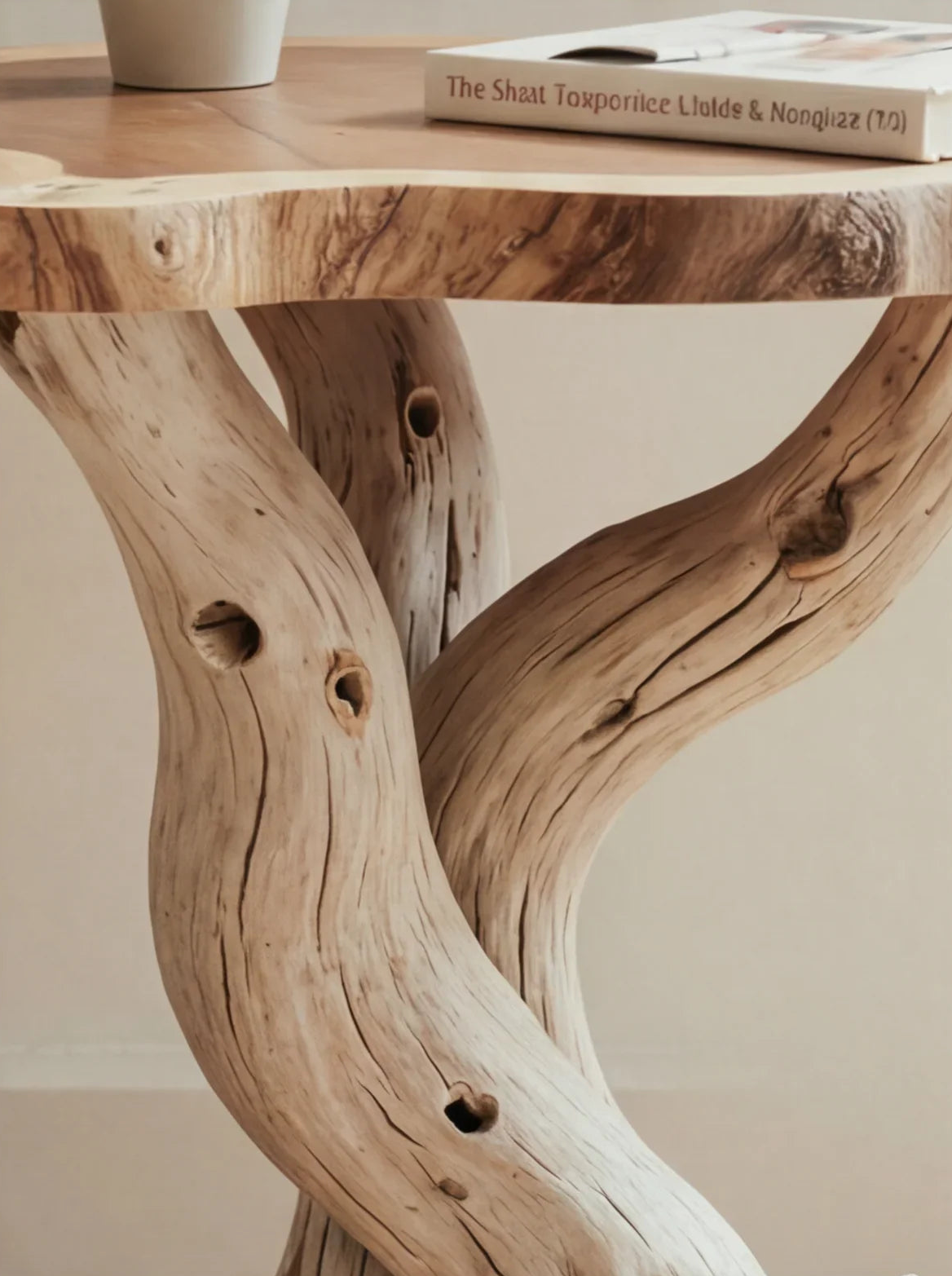 Zijtafel van massief hout met grillige boomstam poten in sfeervol interieur