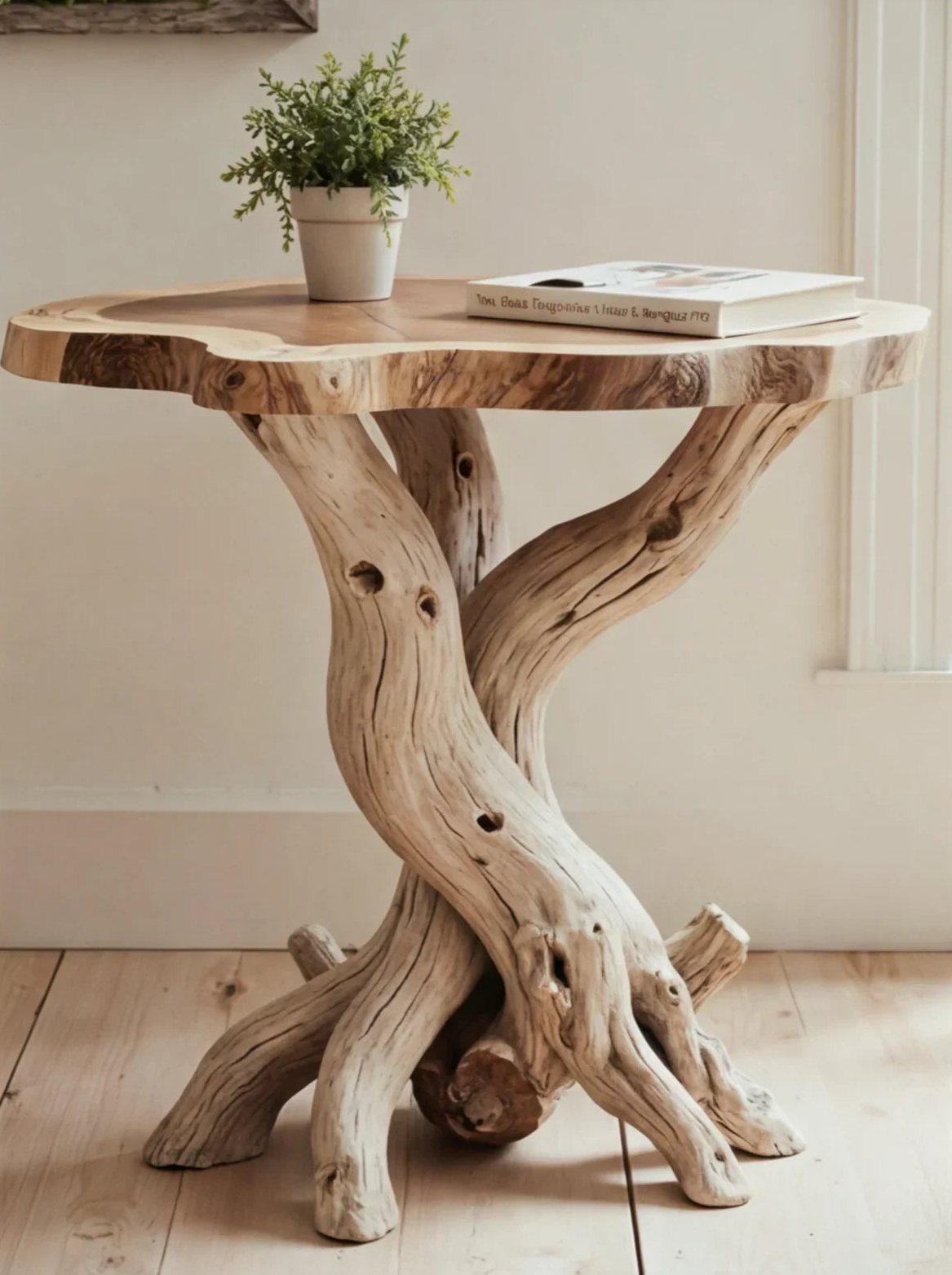 Rustieke bijzettafel met natuurlijke takkenvoet en decoratief boek