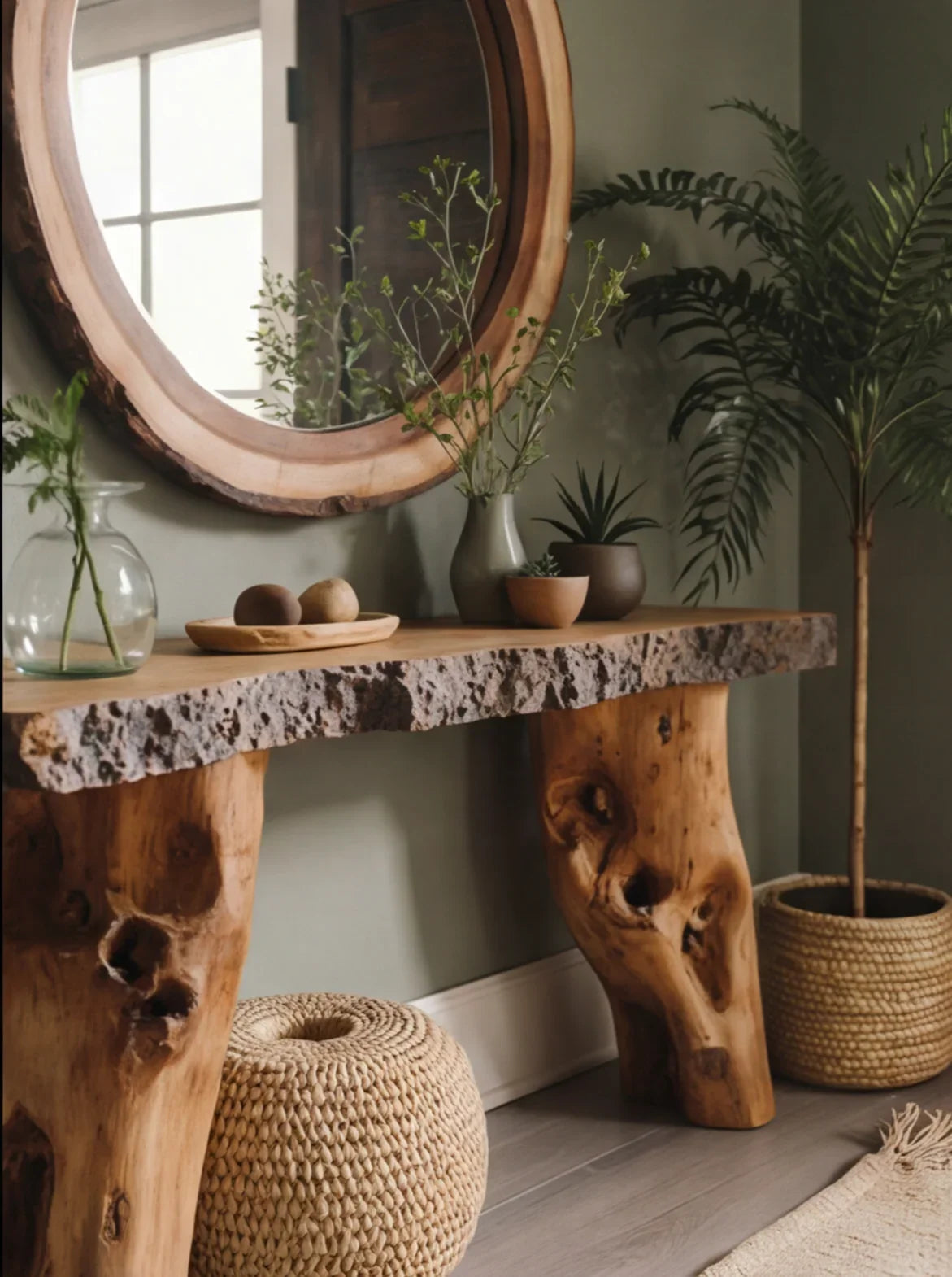 Consoletafel van massief hout met natuurlijke decoratie en ronde wandspiegel