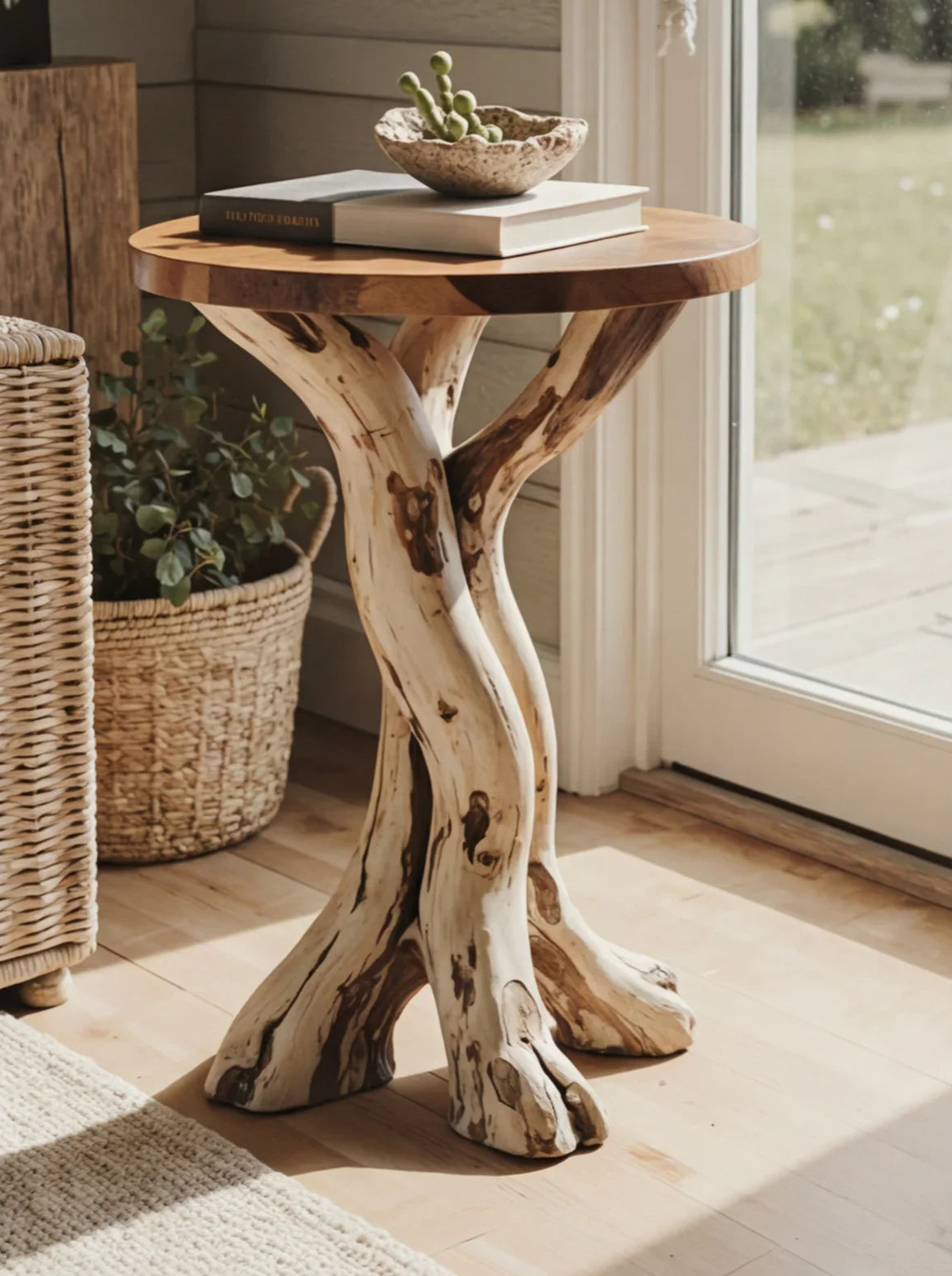 Zijtafel van massief hout met sculpturale takpoten in zonnig interieur
