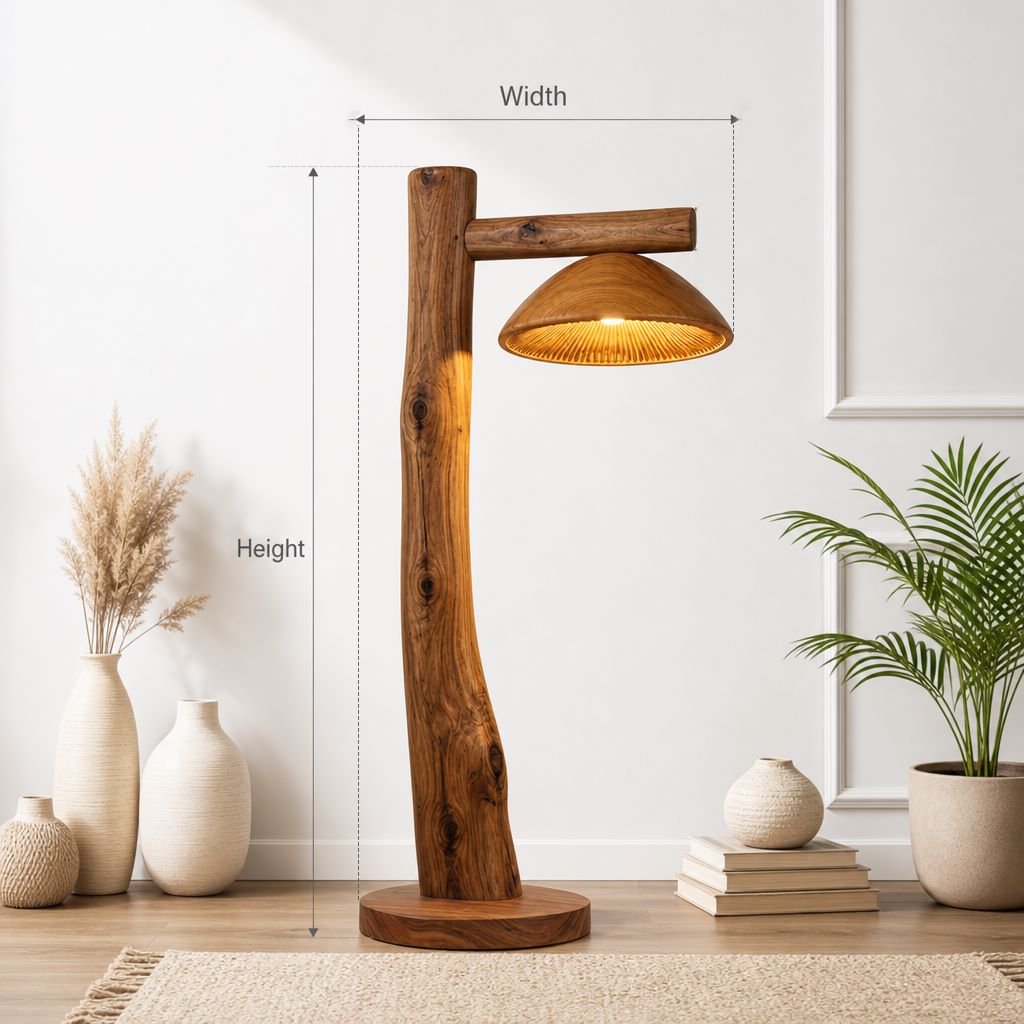 Dwarsarm Paddenstoel Vloerlamp - Massief Hout & Notenhout Voet