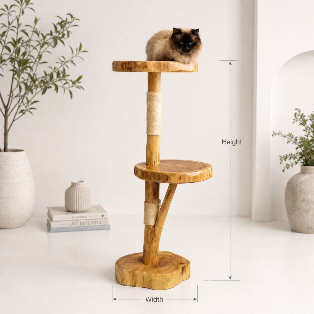 Massief houten kattenboom met comfortabel ligplateau en kat bovenop