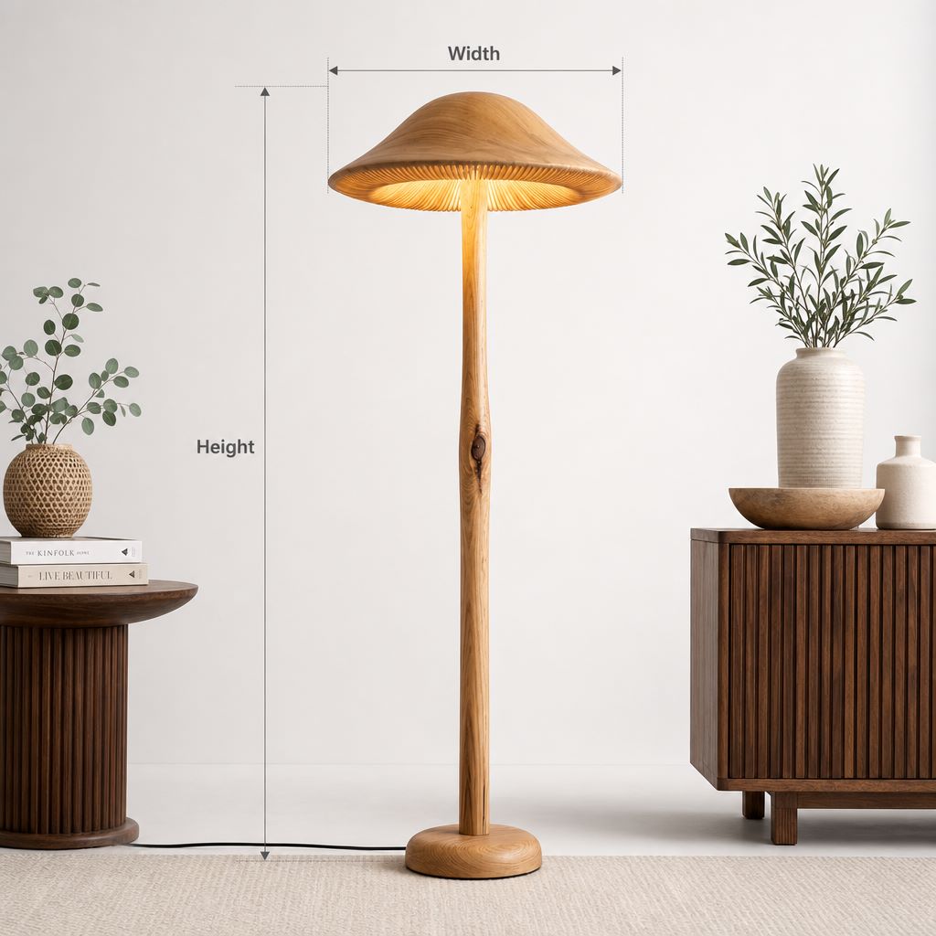 Translucente Parasol Paddenstoel Vloerlamp - Geschilde Houten Stam
