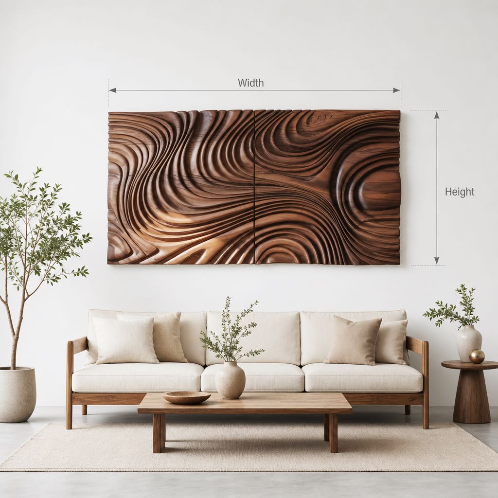 Golvend Houten Wandpaneel - Diptiek Wandsculptuur Massief Hout