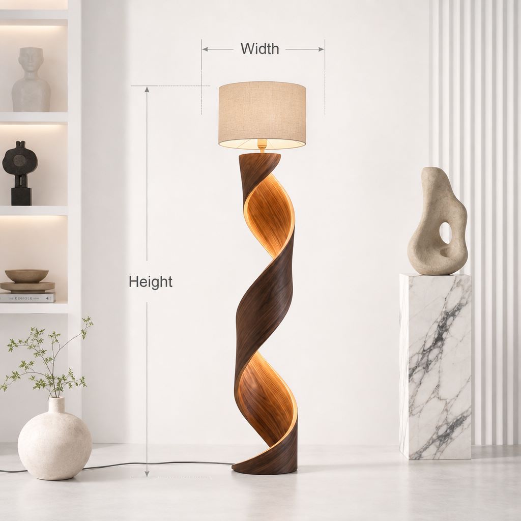 Infinity Spiraal Houten Vloerlamp - Drijfhout & Linnen Kap