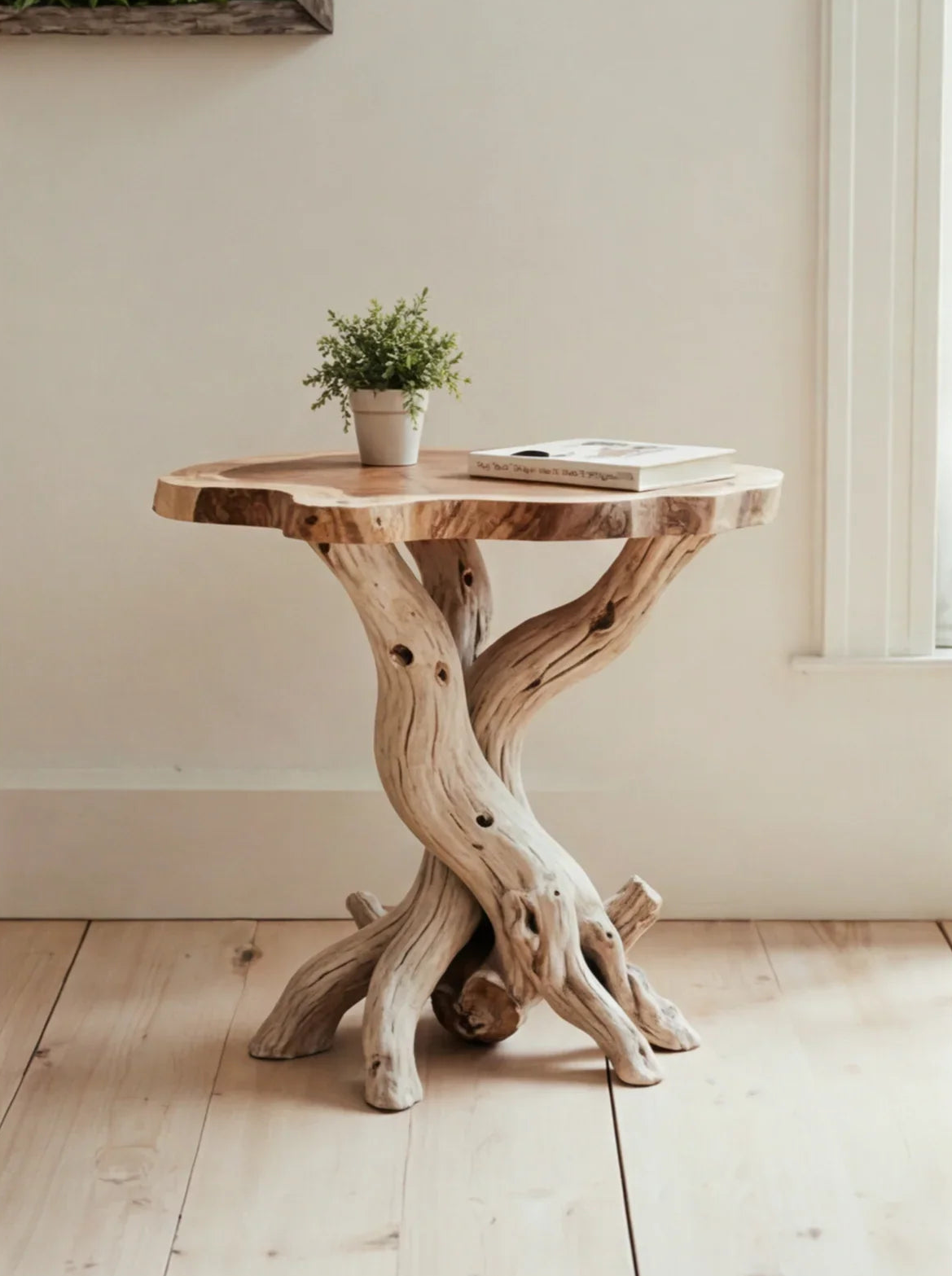 Boomrand bijzettafel met gedraaid wortelonderstel en decoratie
