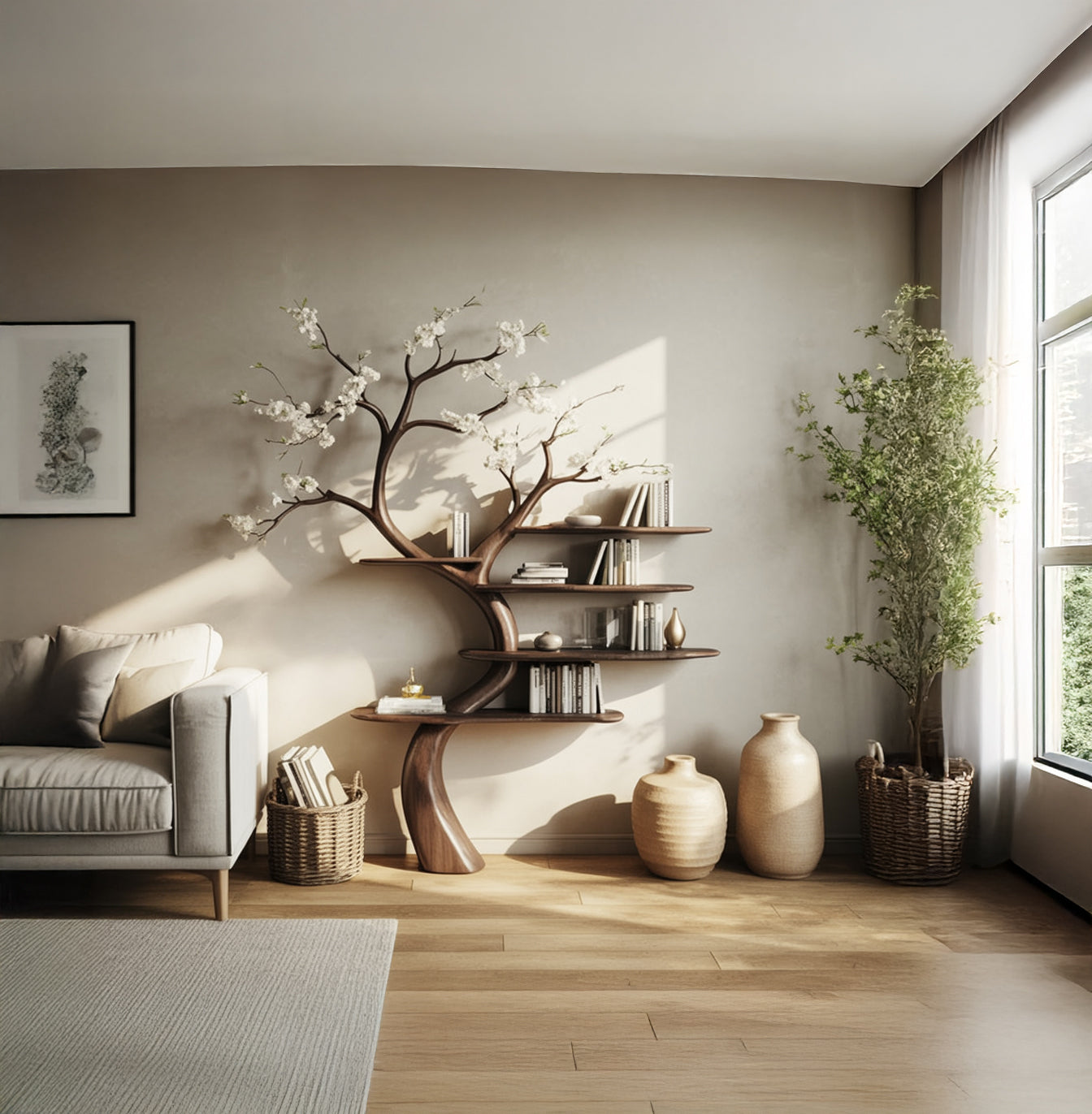 Floral Tree Branch Bookshelf – Artistic Solid Wood Display Shelf for Living Room